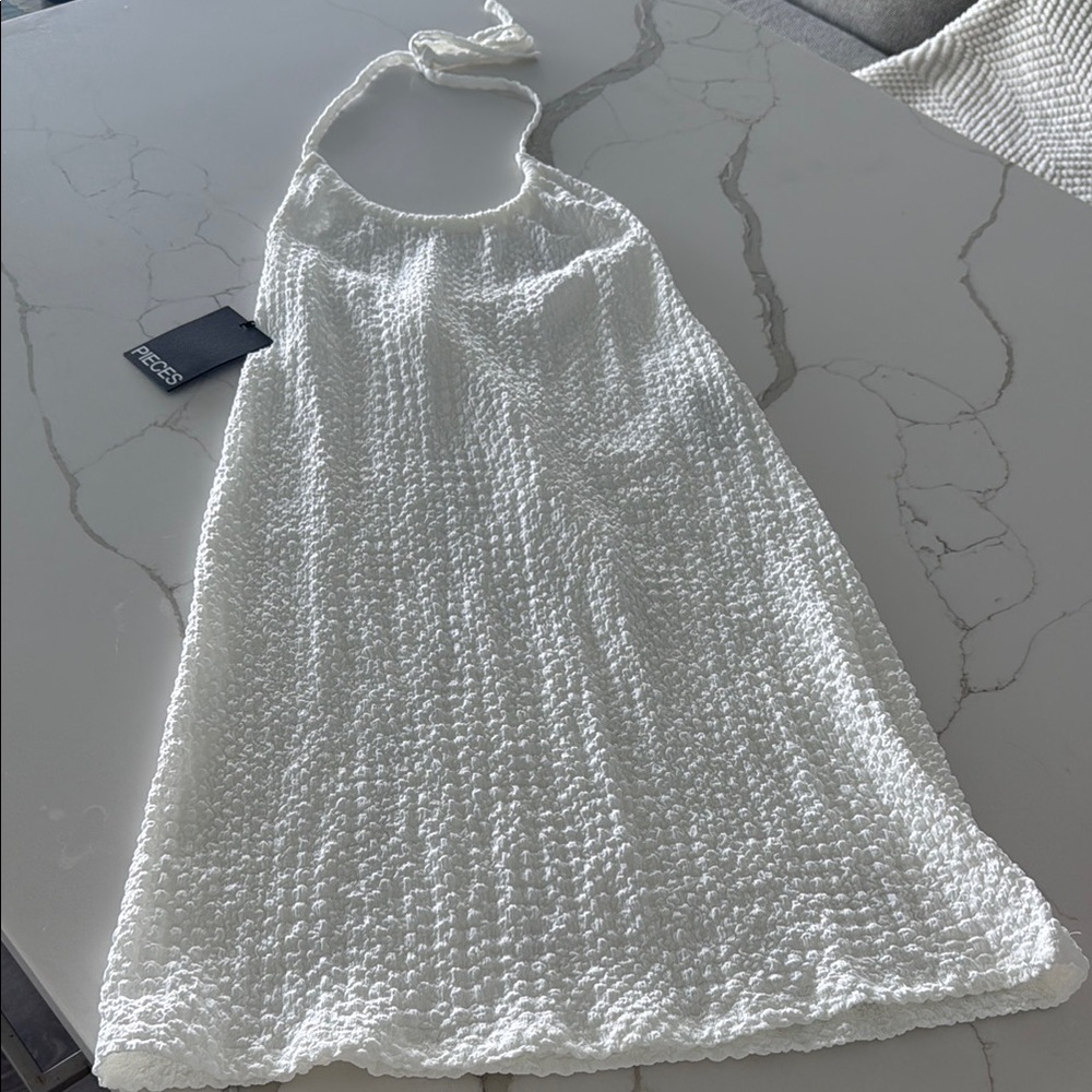 White Textured Halter Dress